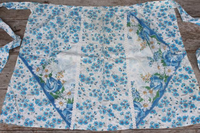 photo of vintage apron lot, kitchen aprons all retro fabric, pretty prints in yellow, green, blue #5