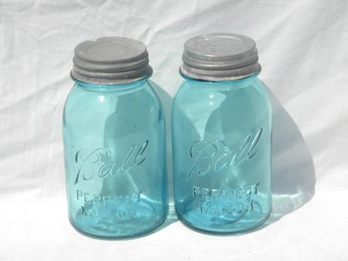 photo of vintage aqua blue Ball Perfect Mason jars/canisters, zinc lids #1