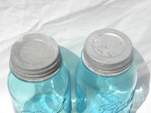 photo of vintage aqua blue Ball Perfect Mason jars/canisters, zinc lids #3