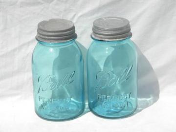 catalog photo of vintage aqua blue Ball Perfect Mason jars/canisters, zinc lids