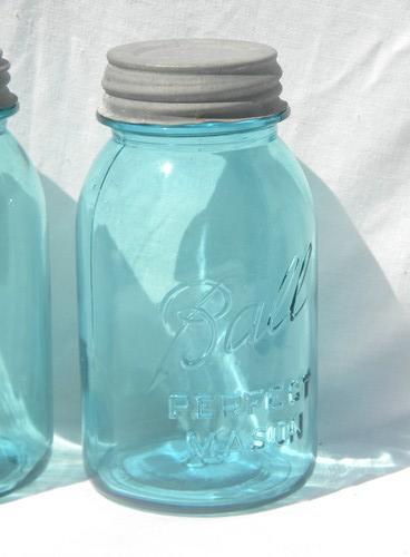 photo of vintage aqua blue Ball Perfect Mason jars/canisters, zinc lids #3