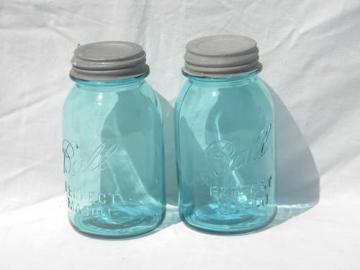 catalog photo of vintage aqua blue Ball Perfect Mason jars/canisters, zinc lids