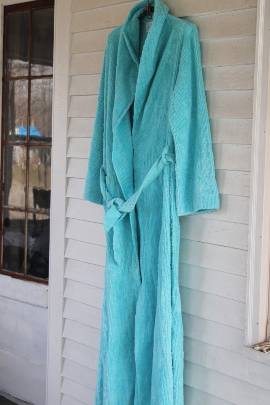 photo of vintage aqua blue chenille robe made in USA, soft cozy bathrobe cotton poly chenille fabric #1