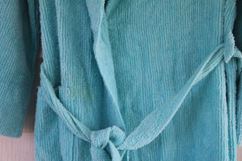 photo of vintage aqua blue chenille robe made in USA, soft cozy bathrobe cotton poly chenille fabric #4