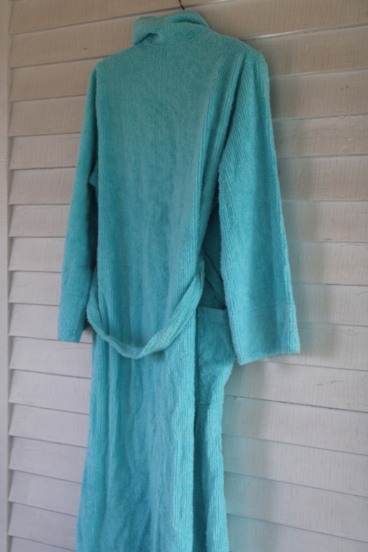 photo of vintage aqua blue chenille robe made in USA, soft cozy bathrobe cotton poly chenille fabric #7