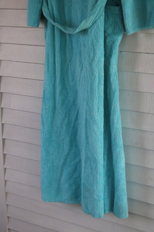 photo of vintage aqua blue chenille robe made in USA, soft cozy bathrobe cotton poly chenille fabric #8