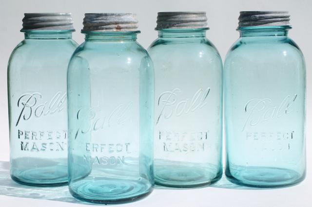 photo of vintage aqua blue glass Ball Perfect Mason jars, big two quart size canning jar kitchen canisters #1