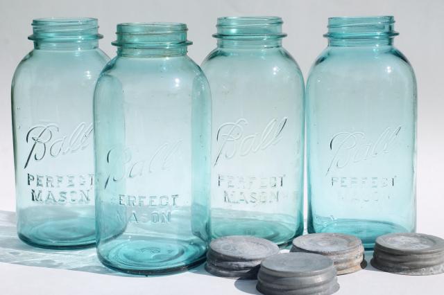 photo of vintage aqua blue glass Ball Perfect Mason jars, big two quart size canning jar kitchen canisters #2