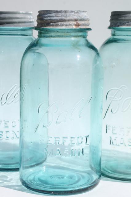 photo of vintage aqua blue glass Ball Perfect Mason jars, big two quart size canning jar kitchen canisters #3