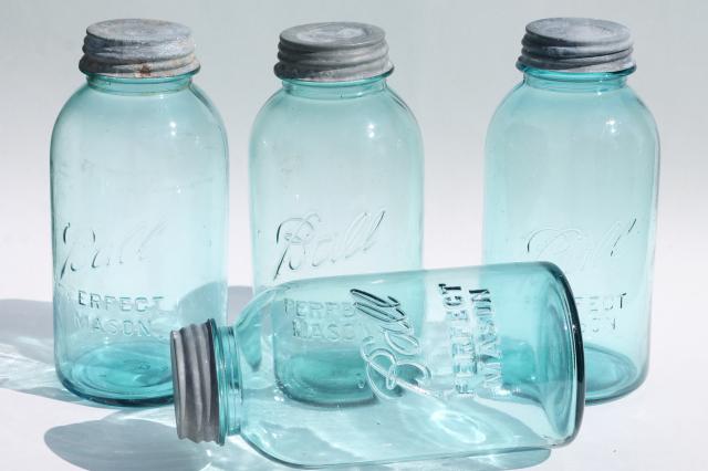 photo of vintage aqua blue glass Ball Perfect Mason jars, big two quart size canning jar kitchen canisters #7