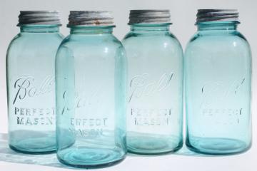 catalog photo of vintage aqua blue glass Ball Perfect Mason jars, big two quart size canning jar kitchen canisters