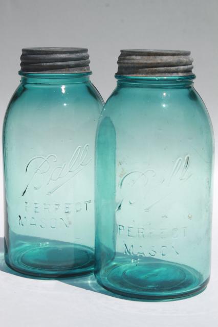 photo of vintage aqua blue glass Ball Perfect Mason jars, big two quart size canning jar kitchen canisters #1