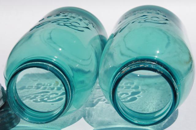 photo of vintage aqua blue glass Ball Perfect Mason jars, big two quart size canning jar kitchen canisters #5