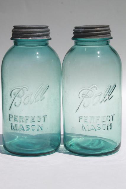 photo of vintage aqua blue glass Ball Perfect Mason jars, big two quart size canning jar kitchen canisters #2