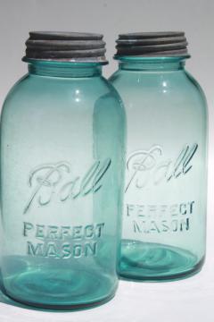 catalog photo of vintage aqua blue glass Ball Perfect Mason jars, big two quart size canning jar kitchen canisters