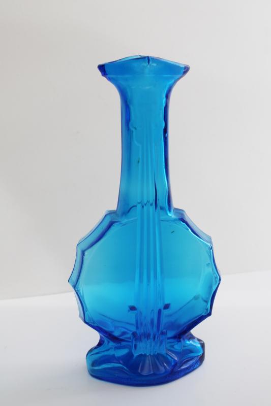 photo of vintage aqua blue glass bottle, banjo or violin figural bottle / vase #1