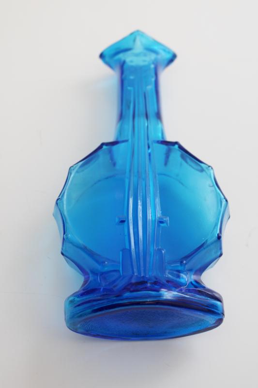 photo of vintage aqua blue glass bottle, banjo or violin figural bottle / vase #4