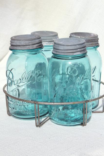 photo of vintage aqua blue glass canning jars in old wire rack, Ball Mason jars w/ zinc lids #1