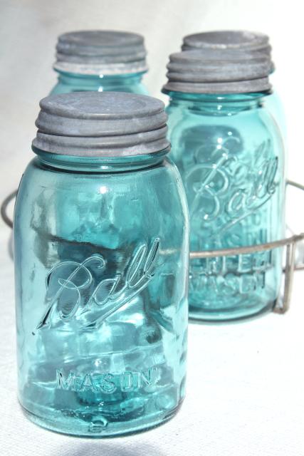 photo of vintage aqua blue glass canning jars in old wire rack, Ball Mason jars w/ zinc lids #3