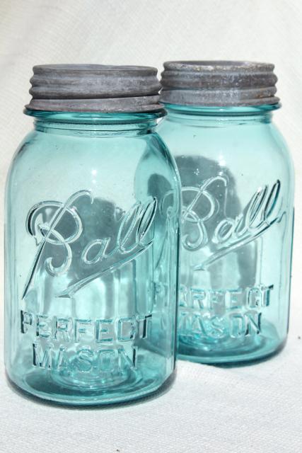 photo of vintage aqua blue glass canning jars in old wire rack, Ball Mason jars w/ zinc lids #4