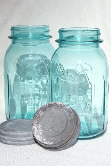 photo of vintage aqua blue glass canning jars in old wire rack, Ball Mason jars w/ zinc lids #5