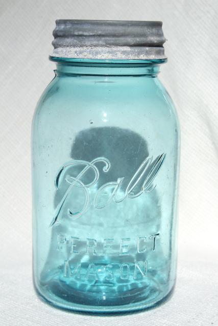 photo of vintage aqua blue glass canning jars in old wire rack, Ball Mason jars w/ zinc lids #7