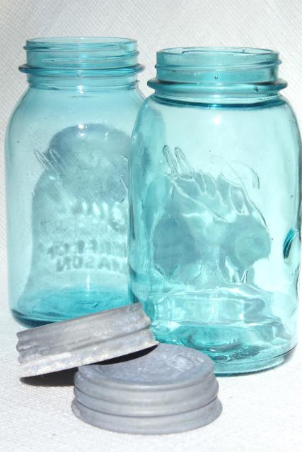 photo of vintage aqua blue glass canning jars in old wire rack, Ball Mason jars w/ zinc lids #8