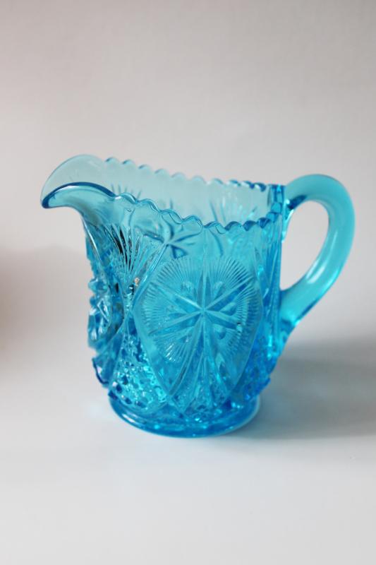 photo of vintage aqua blue glass cream pitcher, Kemple / McKee Yutec pattern creamer #1