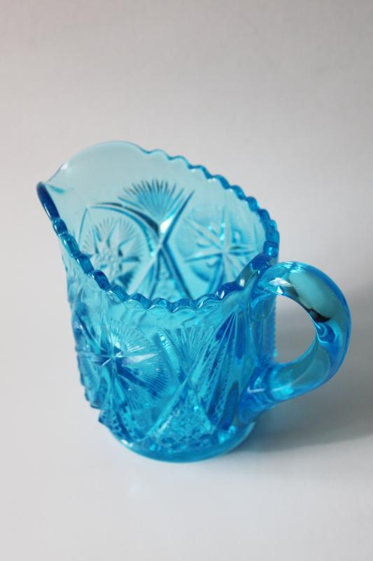 photo of vintage aqua blue glass cream pitcher, Kemple / McKee Yutec pattern creamer #4