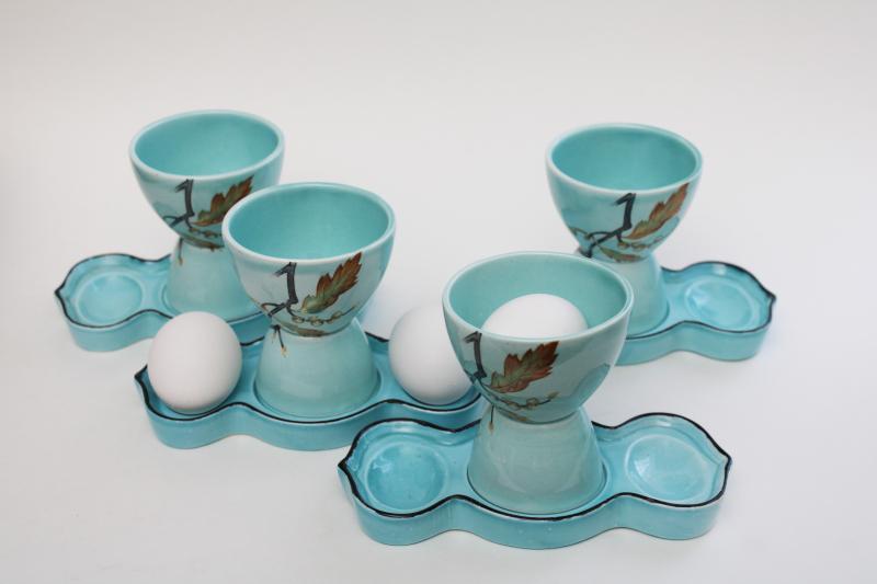 photo of vintage aqua blue glazed ceramic egg cups w/ trays to hold eggs, set of four #1