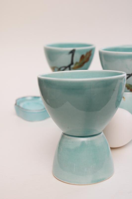 photo of vintage aqua blue glazed ceramic egg cups w/ trays to hold eggs, set of four #2