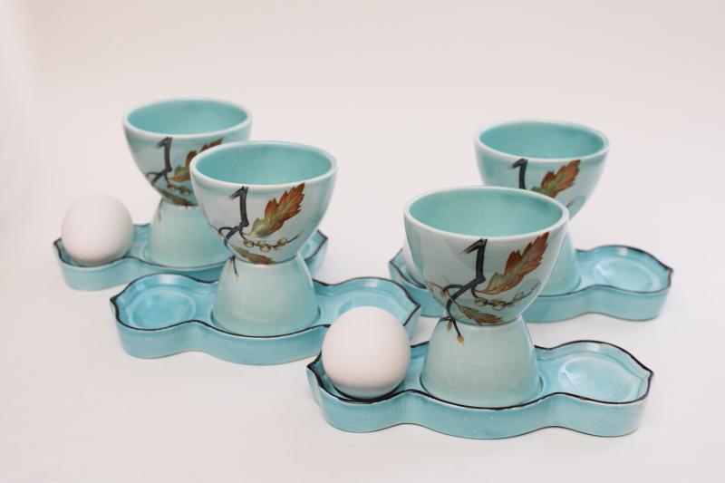 photo of vintage aqua blue glazed ceramic egg cups w/ trays to hold eggs, set of four #3