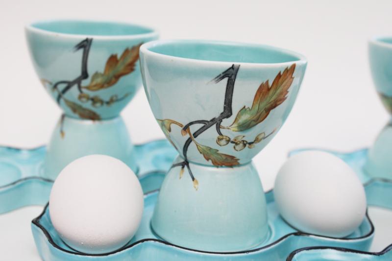 photo of vintage aqua blue glazed ceramic egg cups w/ trays to hold eggs, set of four #4