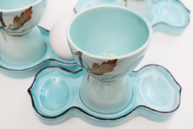 photo of vintage aqua blue glazed ceramic egg cups w/ trays to hold eggs, set of four #6