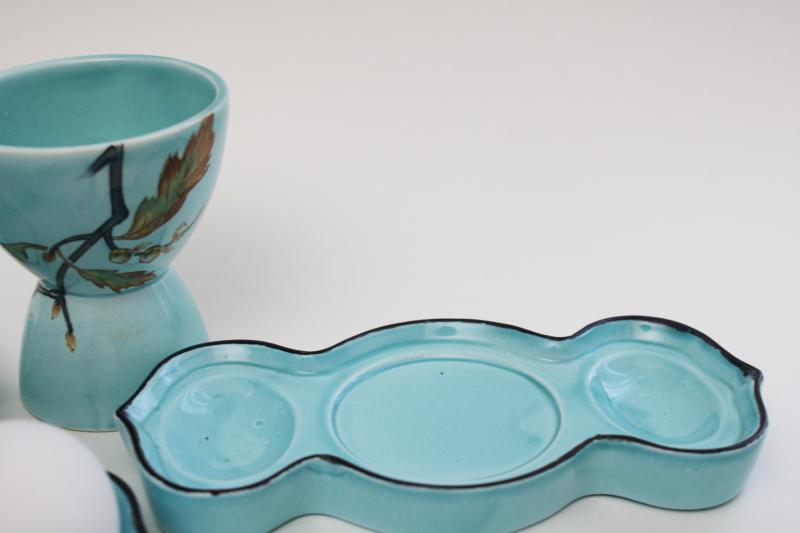 photo of vintage aqua blue glazed ceramic egg cups w/ trays to hold eggs, set of four #8