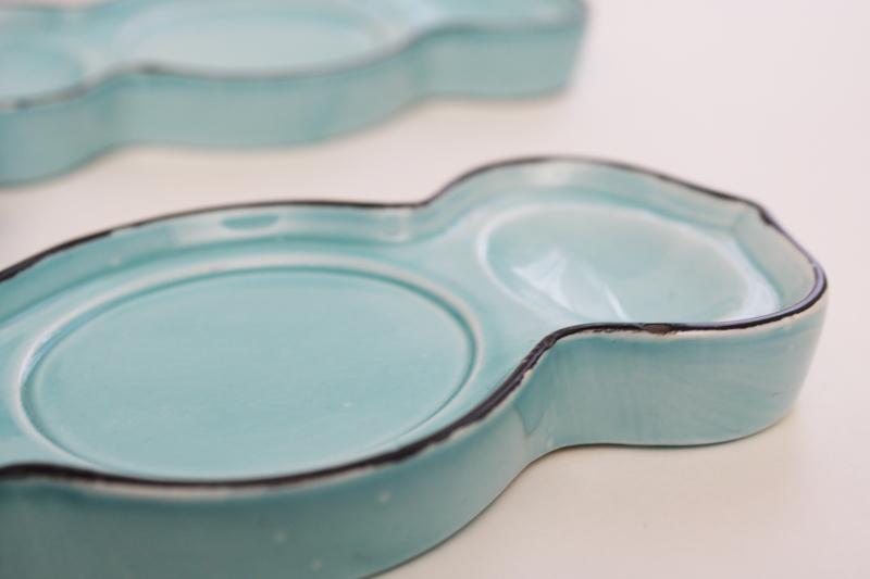 photo of vintage aqua blue glazed ceramic egg cups w/ trays to hold eggs, set of four #10