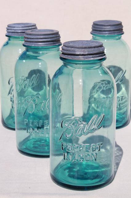 photo of vintage aqua blue green glass canning jars, large  Ball mason fruit jars #1