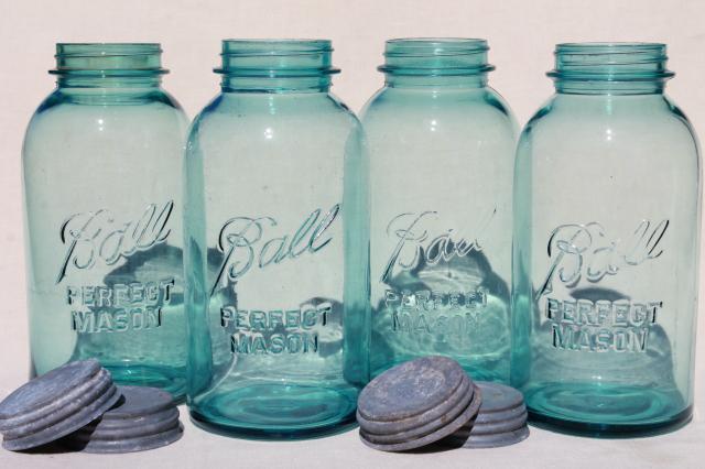 photo of vintage aqua blue green glass canning jars, large  Ball mason fruit jars #3