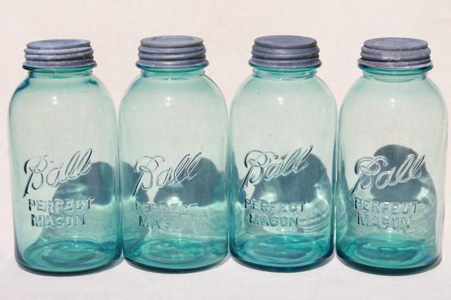 photo of vintage aqua blue green glass canning jars, large  Ball mason fruit jars #8