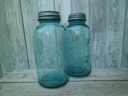 photo of vintage  aqua blue green glass canning jars, large  Ball mason fruit jars  #1