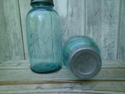 photo of vintage  aqua blue green glass canning jars, large  Ball mason fruit jars  #2