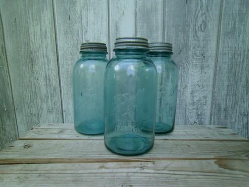 photo of vintage aqua blue green glass canning jars, large  Ball mason fruit jars #1