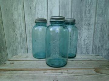 catalog photo of vintage aqua blue green glass canning jars, large  Ball mason fruit jars
