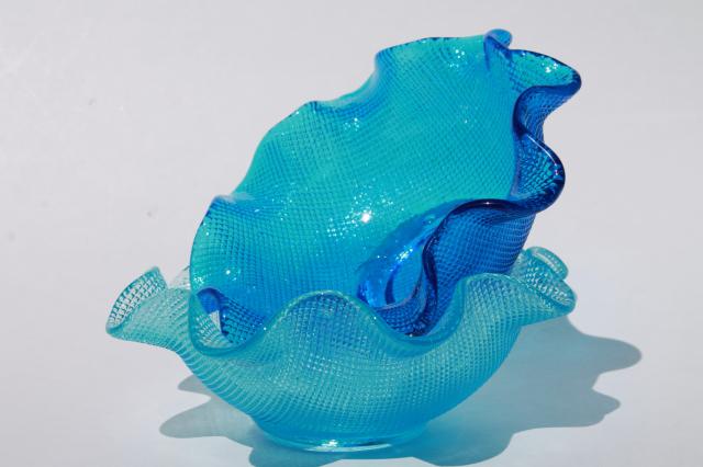 photo of vintage aqua / blue waffle glass candy dishes, Italian glass crimped ruffle shape bowls #1