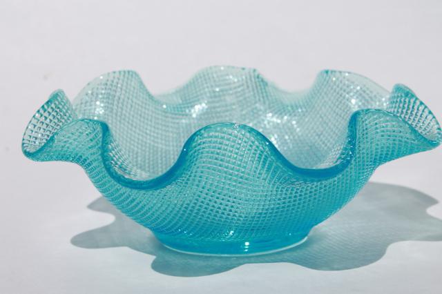 photo of vintage aqua / blue waffle glass candy dishes, Italian glass crimped ruffle shape bowls #2