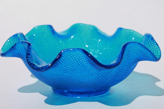 photo of vintage aqua / blue waffle glass candy dishes, Italian glass crimped ruffle shape bowls #4