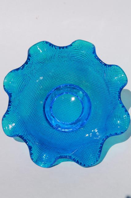 photo of vintage aqua / blue waffle glass candy dishes, Italian glass crimped ruffle shape bowls #5