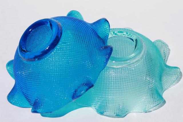 photo of vintage aqua / blue waffle glass candy dishes, Italian glass crimped ruffle shape bowls #6