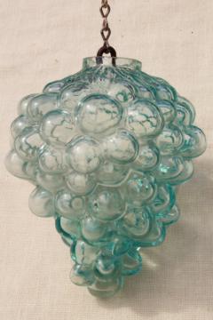 catalog photo of vintage aqua glass grapes, figural bottle hanging sun catcher ornament