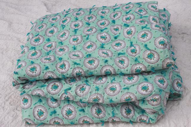 photo of vintage aqua print cotton covered comforter, puffy duvet hand tied whole cloth quilt #1